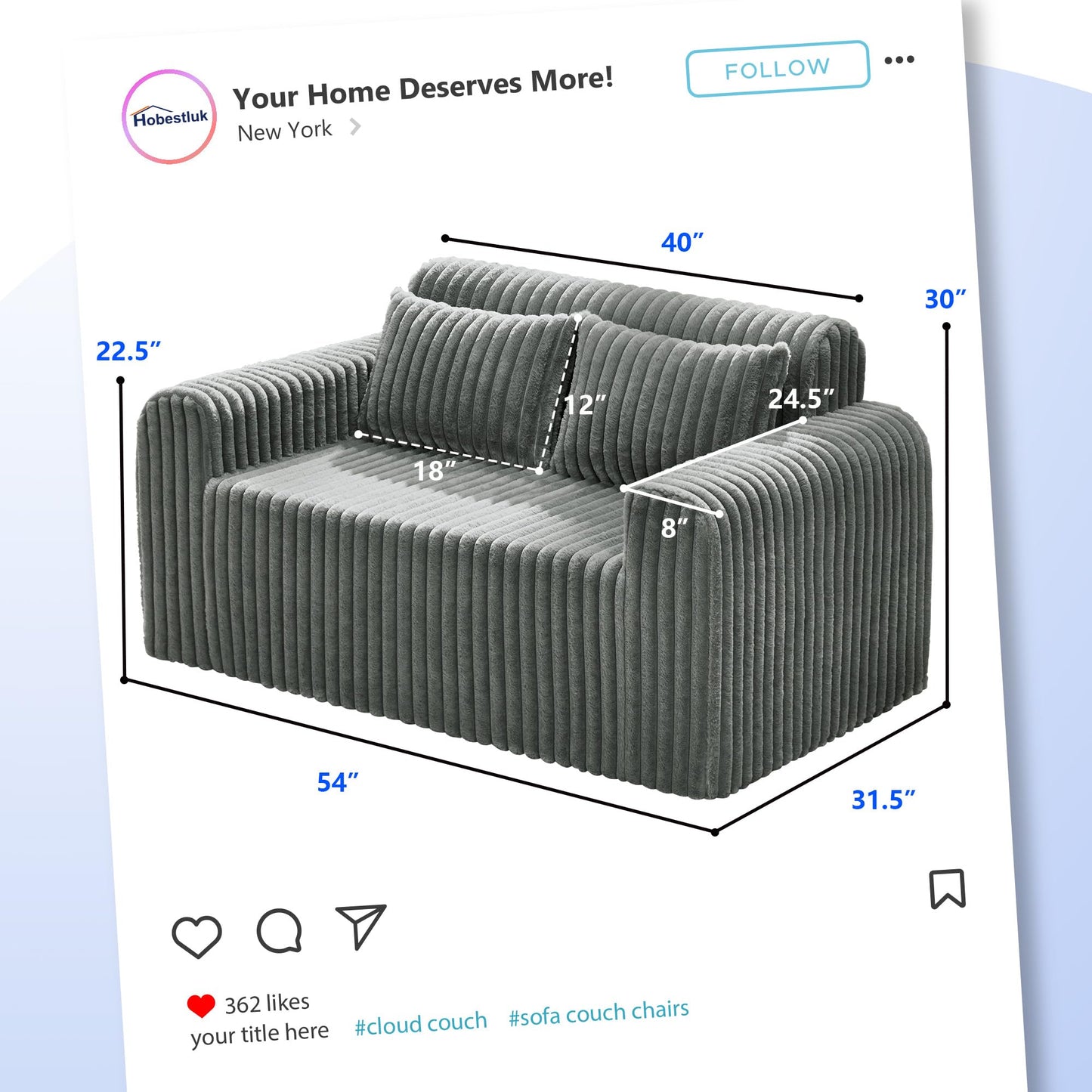 Hobestluk Single Foam Sofa with Pillows Comfy Furry Couch for Small Spaces