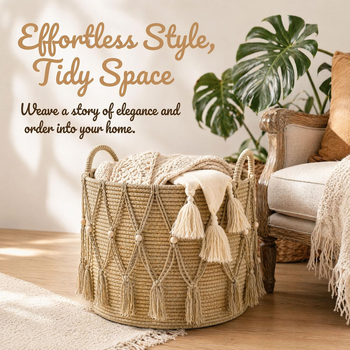 Large Woven Basket, 40x35cm Rope Basket, Large Cotton Rope Blanket Basket, Woven Storage Basket with Handle, Decorative Organiser Basket
