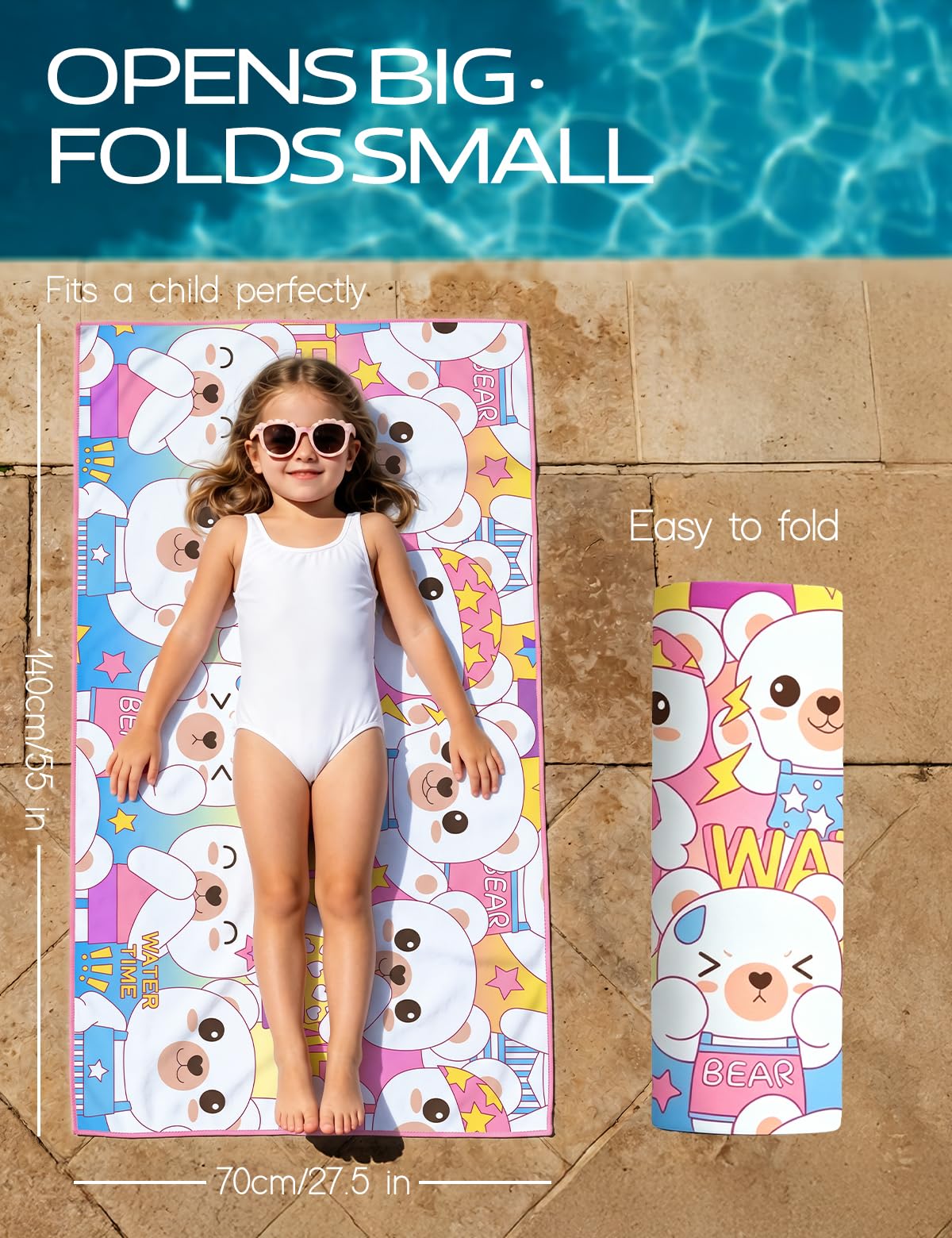 WATER TIME Cute Bear Kids Towel Folds Tiny Sand-Free 3x Fast Dry, Style-B