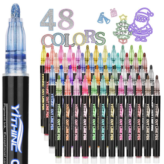 YITHINC Glitter Pens Outline Marker Pen, Stocking Fillers Kids, Arts and Crafts for Kids, Teenage Girls Gift, 48 Sparkle Metallic Colouring Pens,