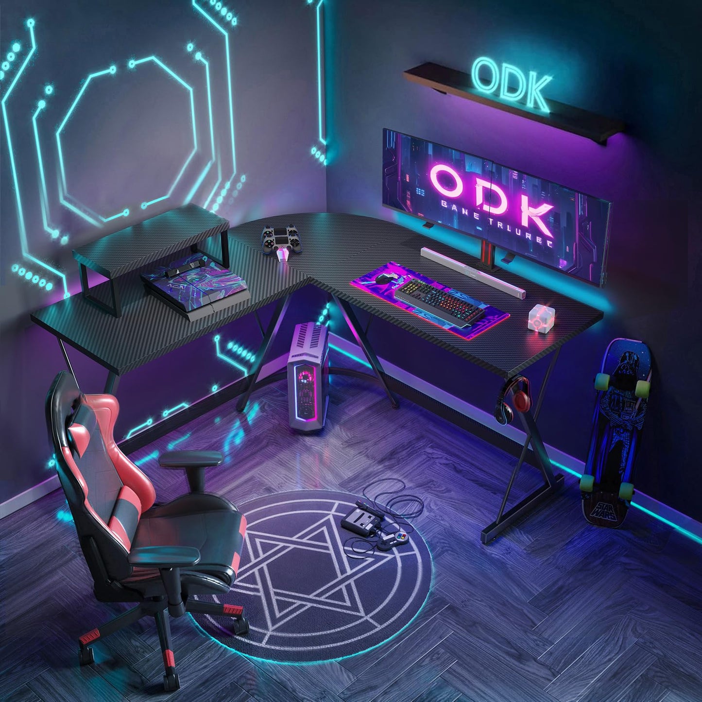 ODK L Shaped Gaming Desk,127×127 cm, Carbon Fiber Black