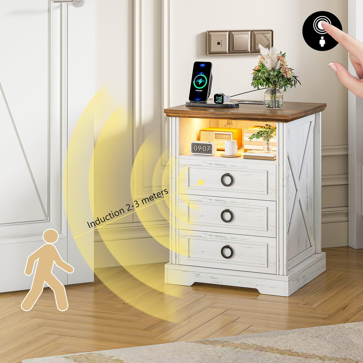 FREDEES LED Bedside Table with Charging Station, White