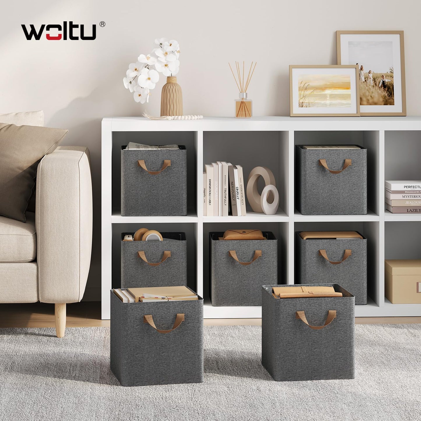 WOLTU Storage Boxes Set of 3, Storage Baskets, Folding Wardrobe Cube Boxes, with Handle and Metal Frame, for Living Room/Bedroom/Study, Linen