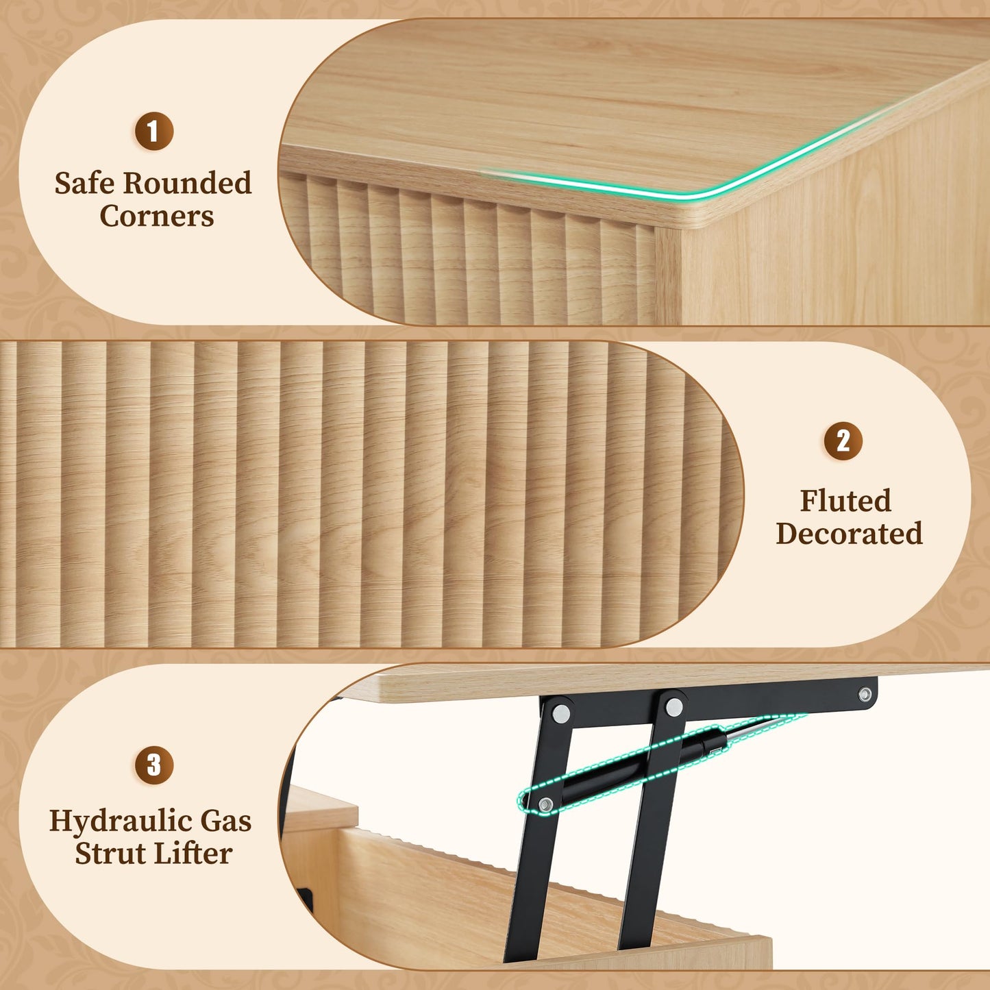 LYNCOHOME Lift Up Coffee Table, Modern Oak Coffee Tables for Living Room, Square Coffee Table with Hidden Storage,Extendable Tabel,Wooden,Home