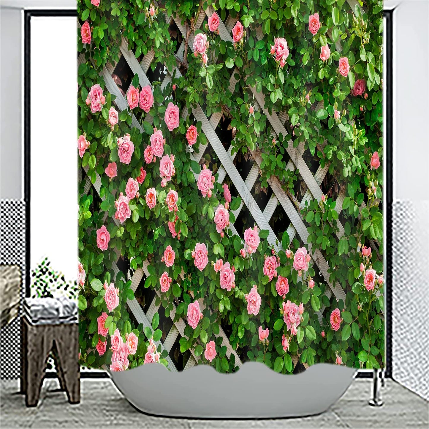JOOCAR Garden Shower Curtain, Rustic Decor Rosemary Roses Flower on Fence, Waterproof Cloth Fabric Bathroom Decor Set with Hooks