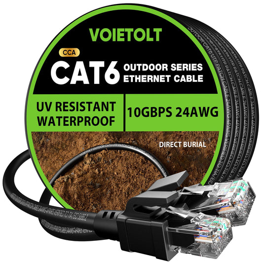 VOIETOLT Outdoor Cat 6 Ethernet Cable 50m, Water Resistant Direct Burial LLDPE UV Jacket - 24AWG 10Gbps High Speed Gigabit Internet Network Cable -