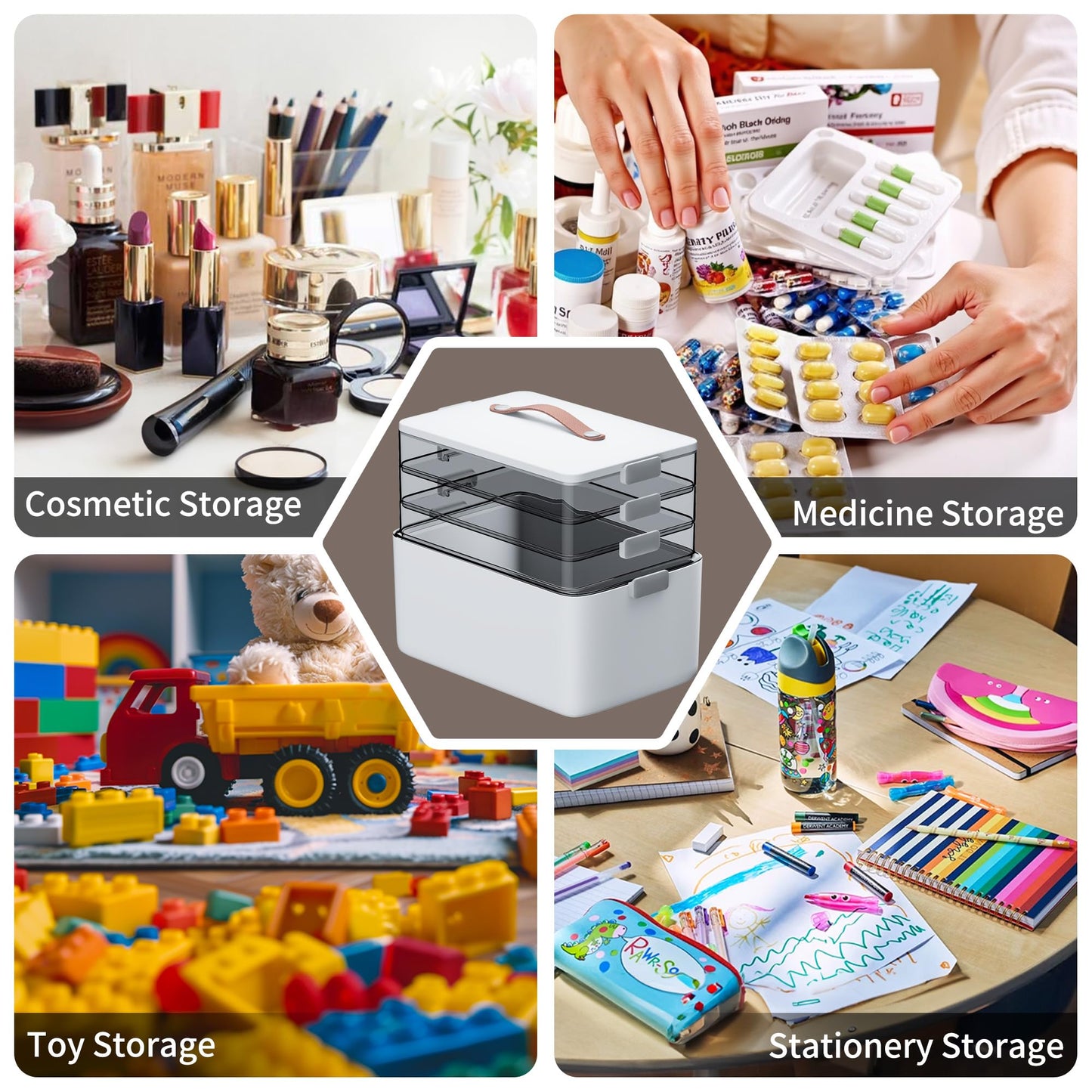 CTIME Extra Large 4 -Tier Medication Organizer - Portable with Leather Handle, Ideal for Household and Travel 14.6 x 9.6 x 12. 6 in Family First Aid