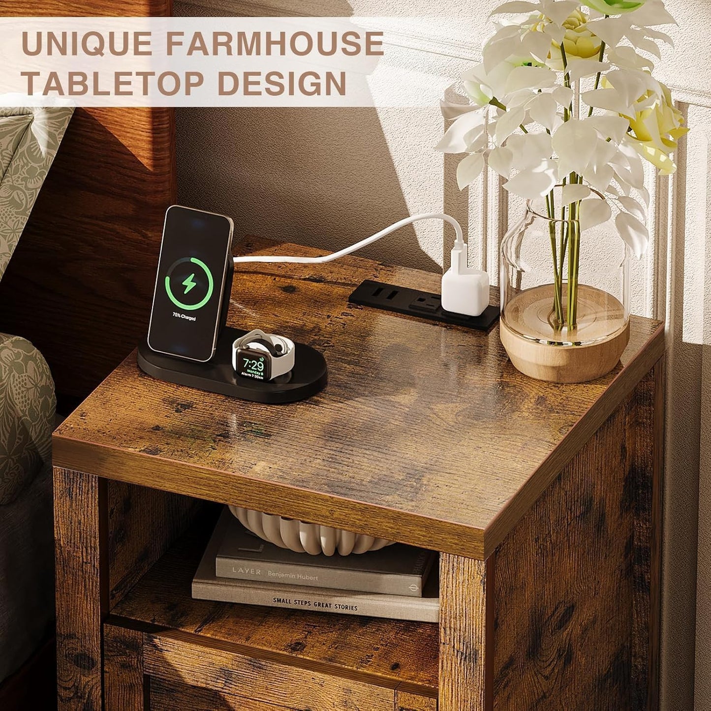 oneinmil Bedside Table with Charging Station, Farmhouse Sofa Side Table Set of 2 with Storage Cabinet, Bed Side End Table with USB