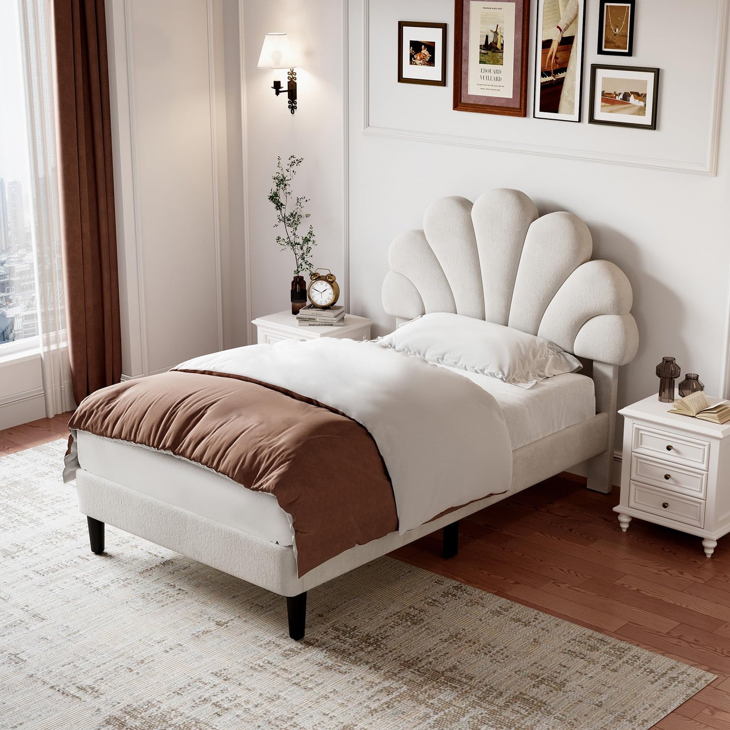 Merax 3ft Single Upholstered Bed Frame, Velvet Petal Headboard, Adjustable, Solid Wood Slats, No Box Spring Needed, Easy Assembly, Beige