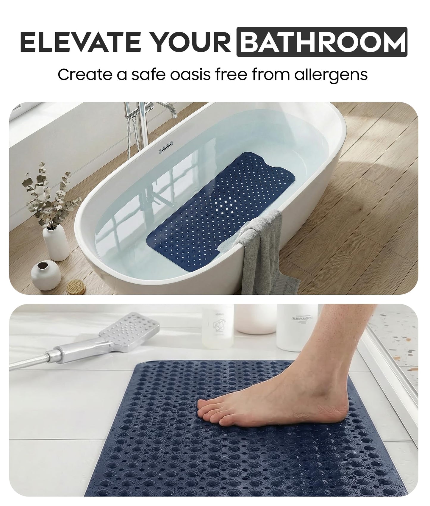 ADOV Bath Mat Non Slip, 100 x 40 cm Extra Long Shower Mat Anti Mould, Bathroom Bathtub Mats for Tub, 200 Strong Suction Cups and Drain Holes