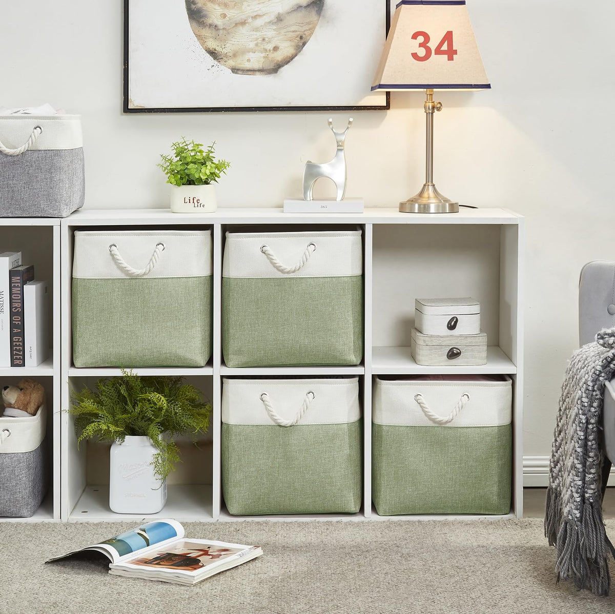 SOCOHOME 33x38x33cm Fabric Storage Boxes, Storage Baskets for Toys Nursery Clothes Shelf ClosetGreen/White, Set of 4