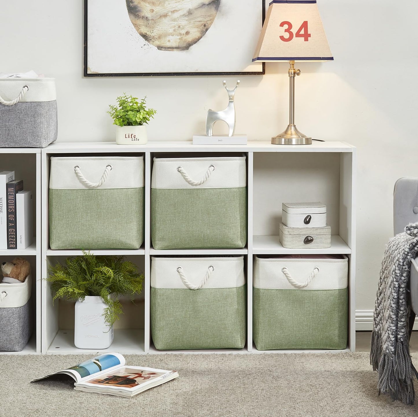 SOCOHOME Fabric Cube Storage Boxes,30x30x30cm Canvas Storage Baskets for Nursery Closet Toys Shelf(Green/White, Set of 4)