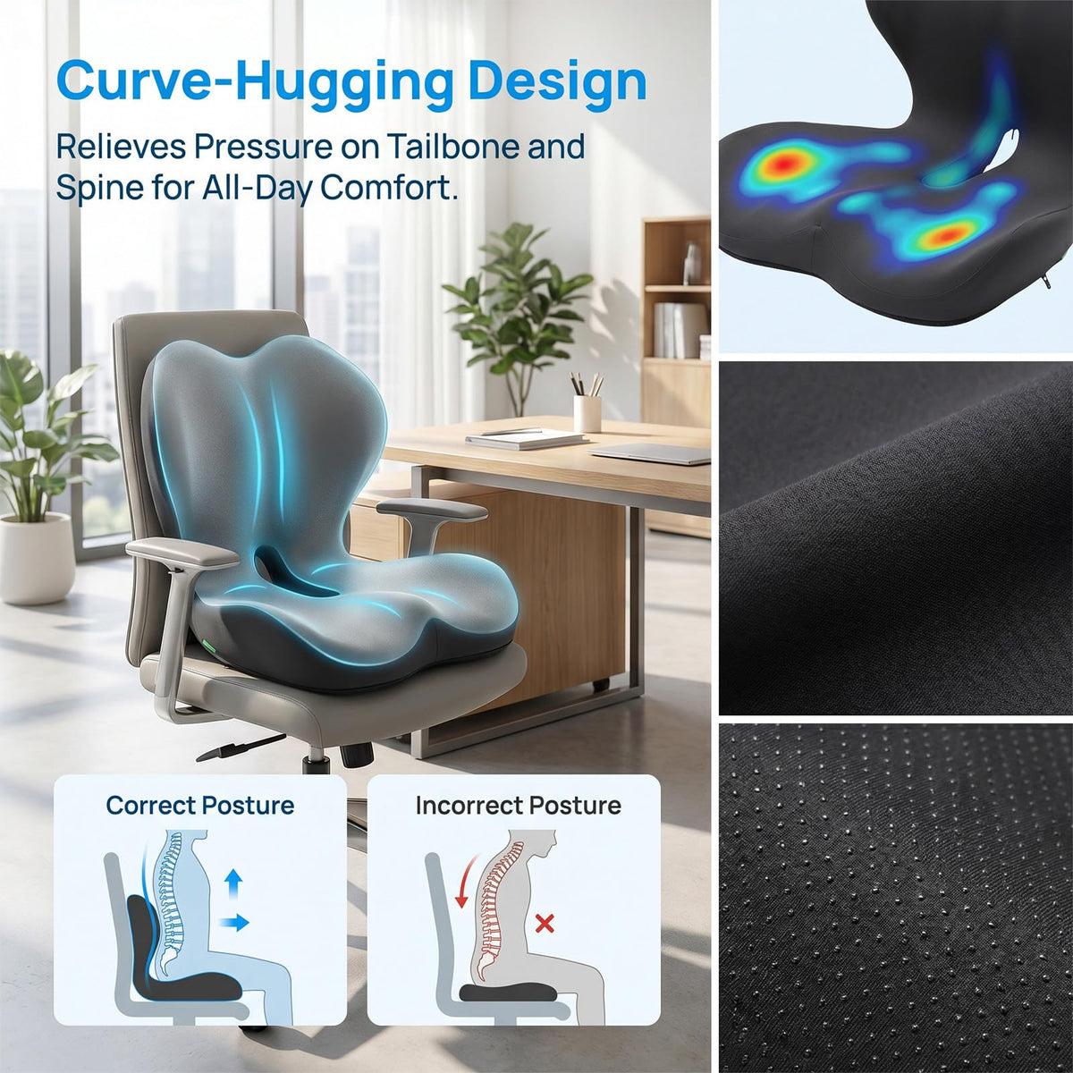 Orthopedic Seat Cushion with Lumbar Support, Memory Foam Coccyx Cushion