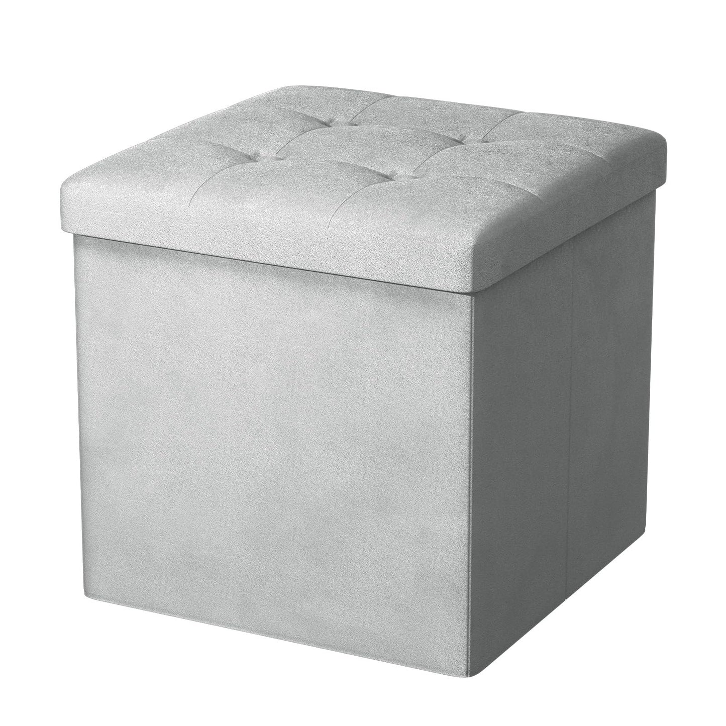 Oak & Tea Storage Ottoman Cube, Foldable Velvet Footstool, Light Grey