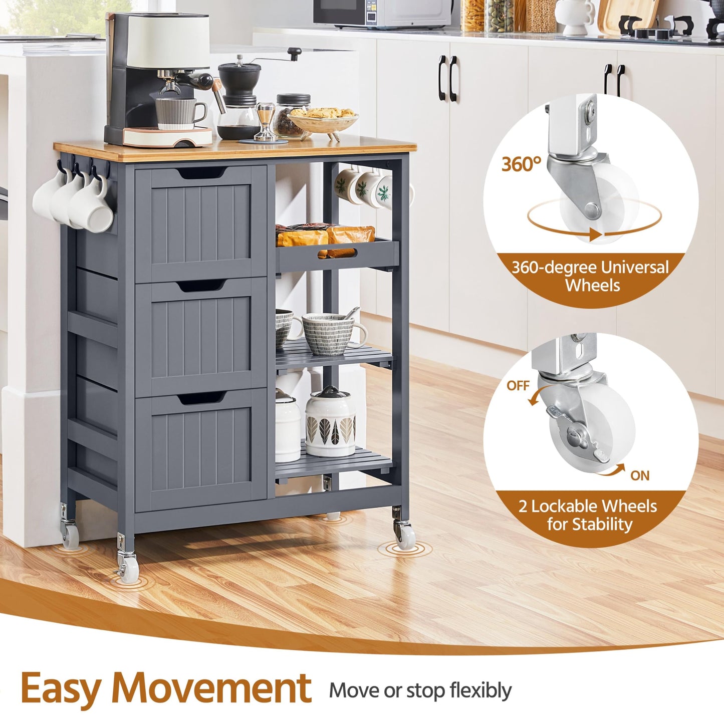 Yaheetech Rolling Kitchen Trolley Kitchen Island Cart with 3 Shelves Grey