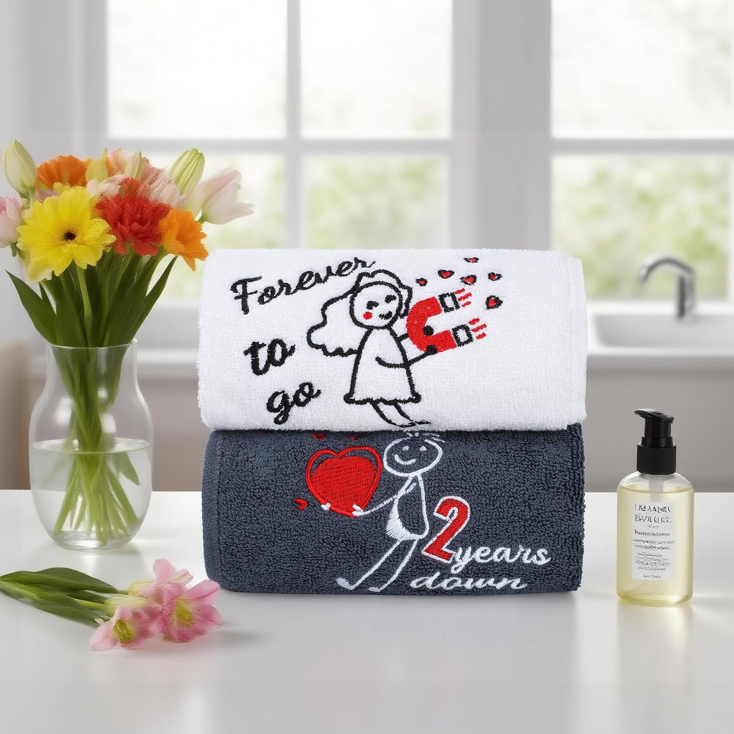 EcoUtens 2nd Anniversary Cotton Gift, 2 Pack Premium 100% Cotton Towel Set with 2 Years Anniversary Card