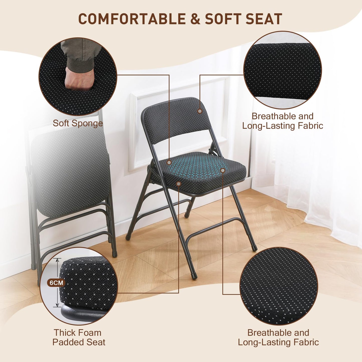 BOOSDEN 2 Pack Padded Folding Chairs with Cushion, Fabric Foldable Chair