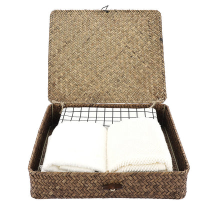 Sumnacon Set of 2 Seagrass Storage Basket Handmade Weave Hamper Wicker Box Chest with Lid & Lock Coffee