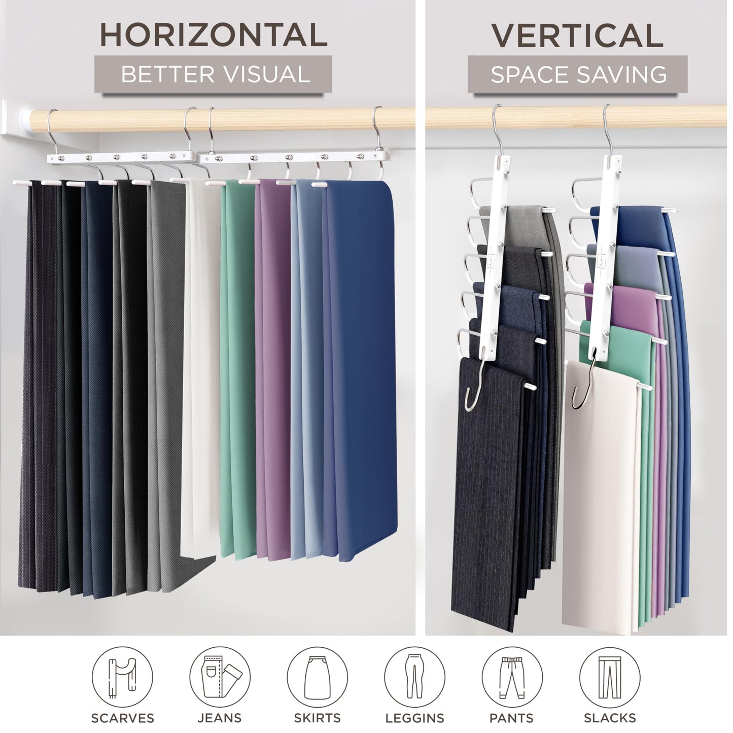 MORALVE Trousers Hangers Space Saving - 2 Pack European Beechwood Scarf and Jeans Hangers - Wardrobe Organiser and Space Saver Trouser Rack