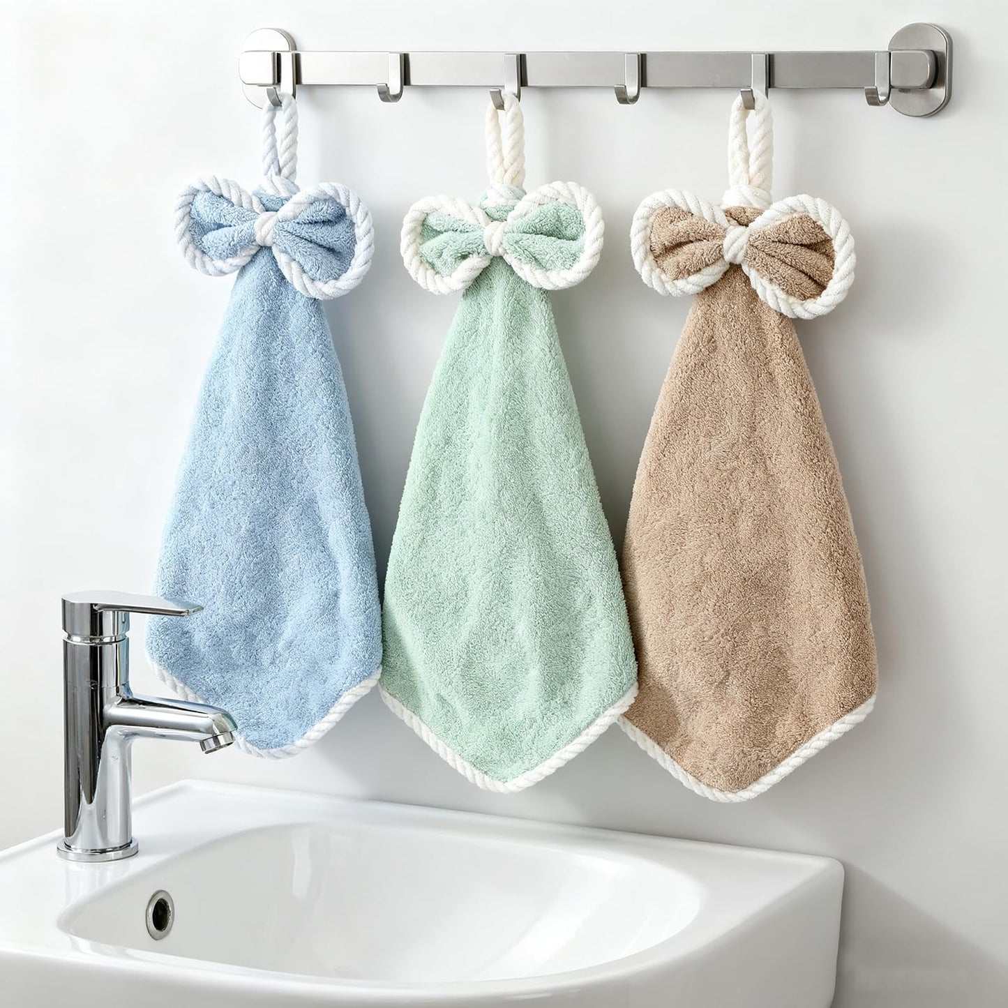 LHNNDM Pack of 3 Kitchen Bathroom Hand Dryer Towels, Microfibre Coral Fleece Lovely Hand Towels,Microfiber Coral Velvet Hand Towels Hanging Loop，Dry