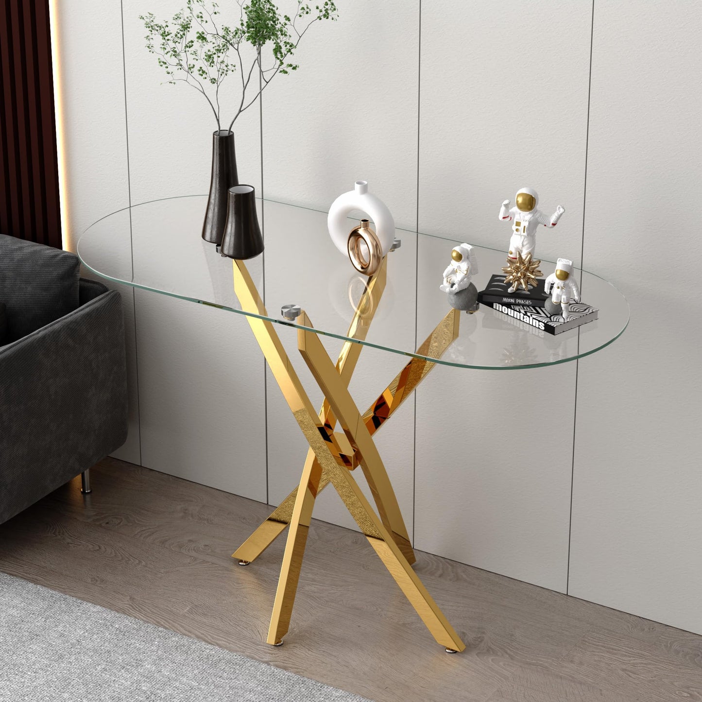 GOLDFAN Glass Console Table Modern Contemporary Style Hallway Table with Gold Tubular Legs Foyer Table for Entryway, Living Room, Office