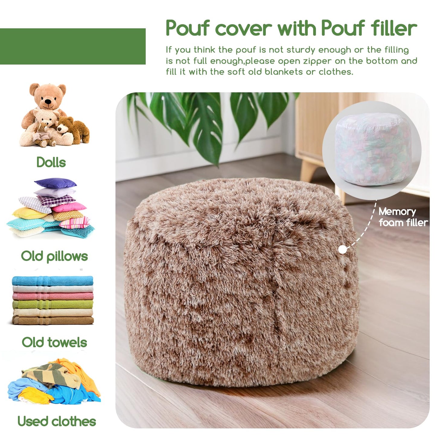 HIGOGOGO Faux Fur Beanbags Round Footstool Bean Bag Pouf with Foam Chunk Filling, 65 x 45 cm Floor Poufs Foot Rest for Living Room, Coffee