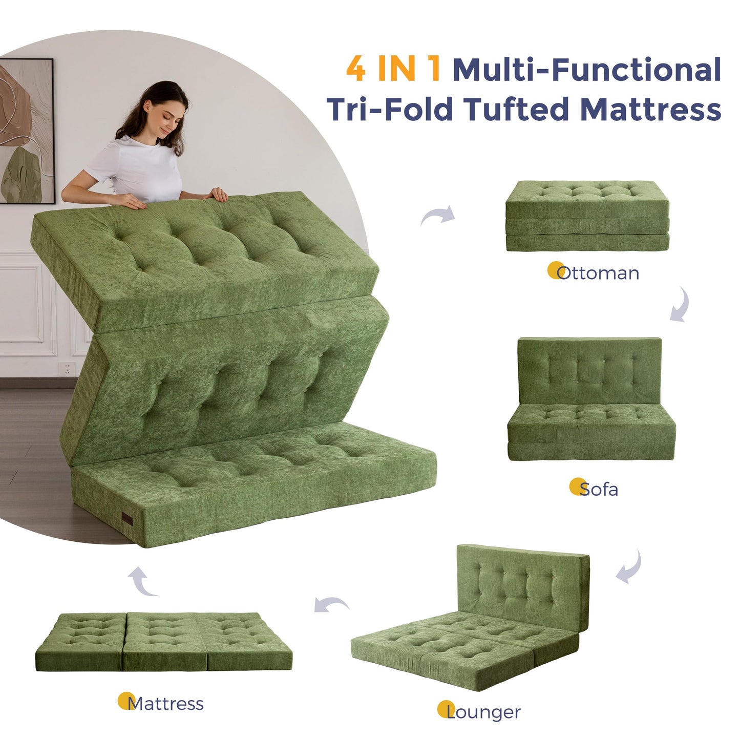 MAXYOYO Folding Mattress Chenille Fabric 15cm, Sofa Bed for Guest