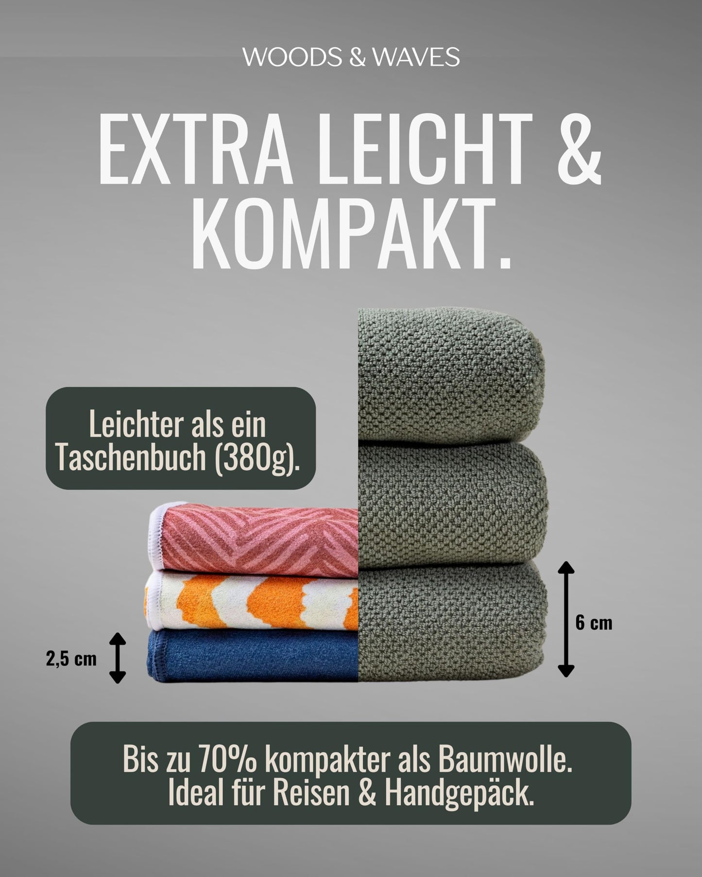 WOODSANDWAVES Microfibre Beach Towel - Quick-Drying, Lightweight, Compact - 180 cm x 80 cm - XL Bath Towel - Towel for Travel - Absorbent