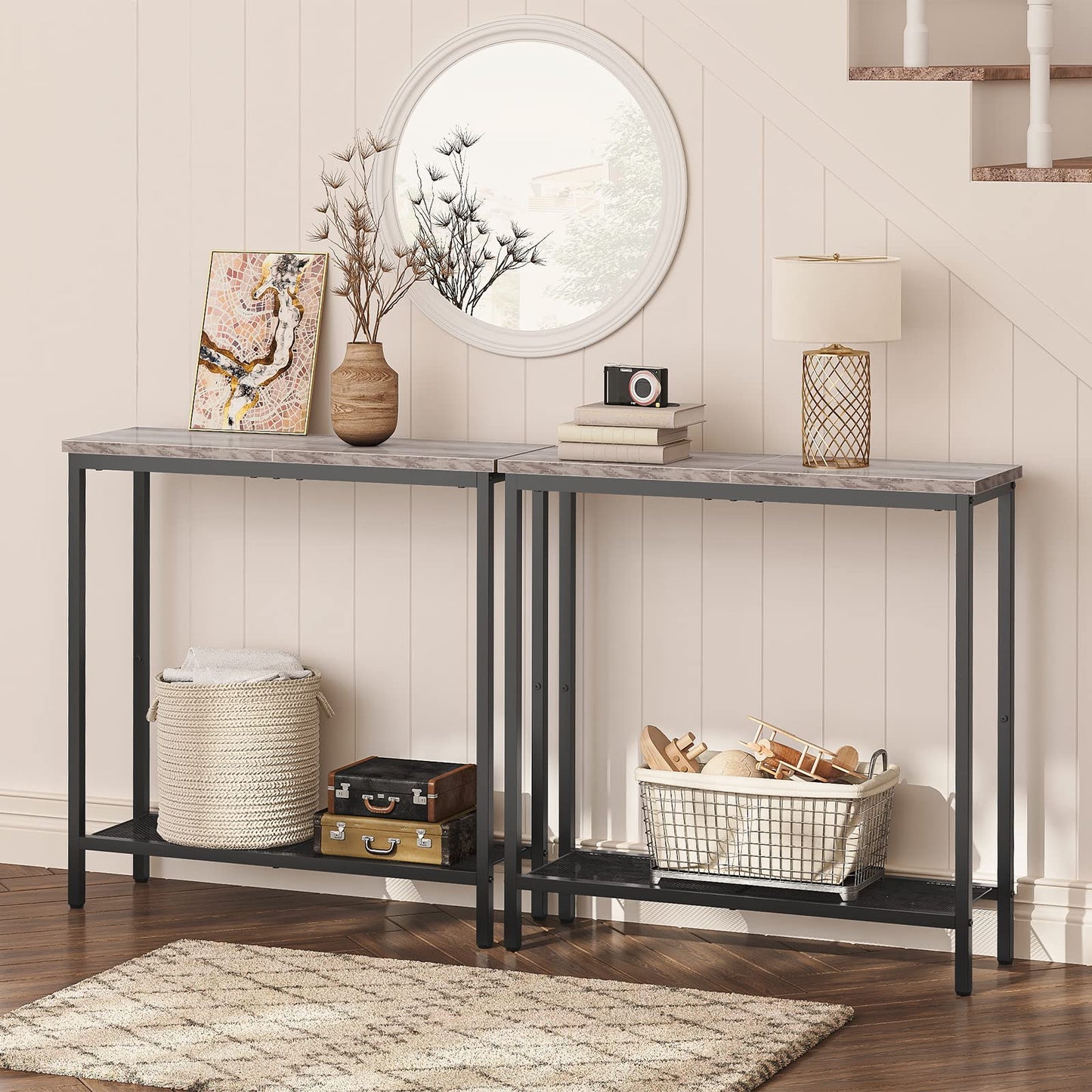 HOOBRO Slim Console Table with Storage, Narrow Console Table for Hallway, Industrial Hallway Table, Slim Sofa Table for Living Room, Bedroom