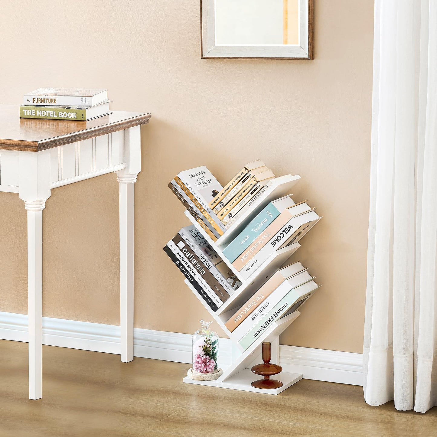 Hoctieon 4 Tier Tree Bookshelf, 4 Shelf Bookcase, Free Standing Tree Bookcase, Display Floor Standing Shelf for Books