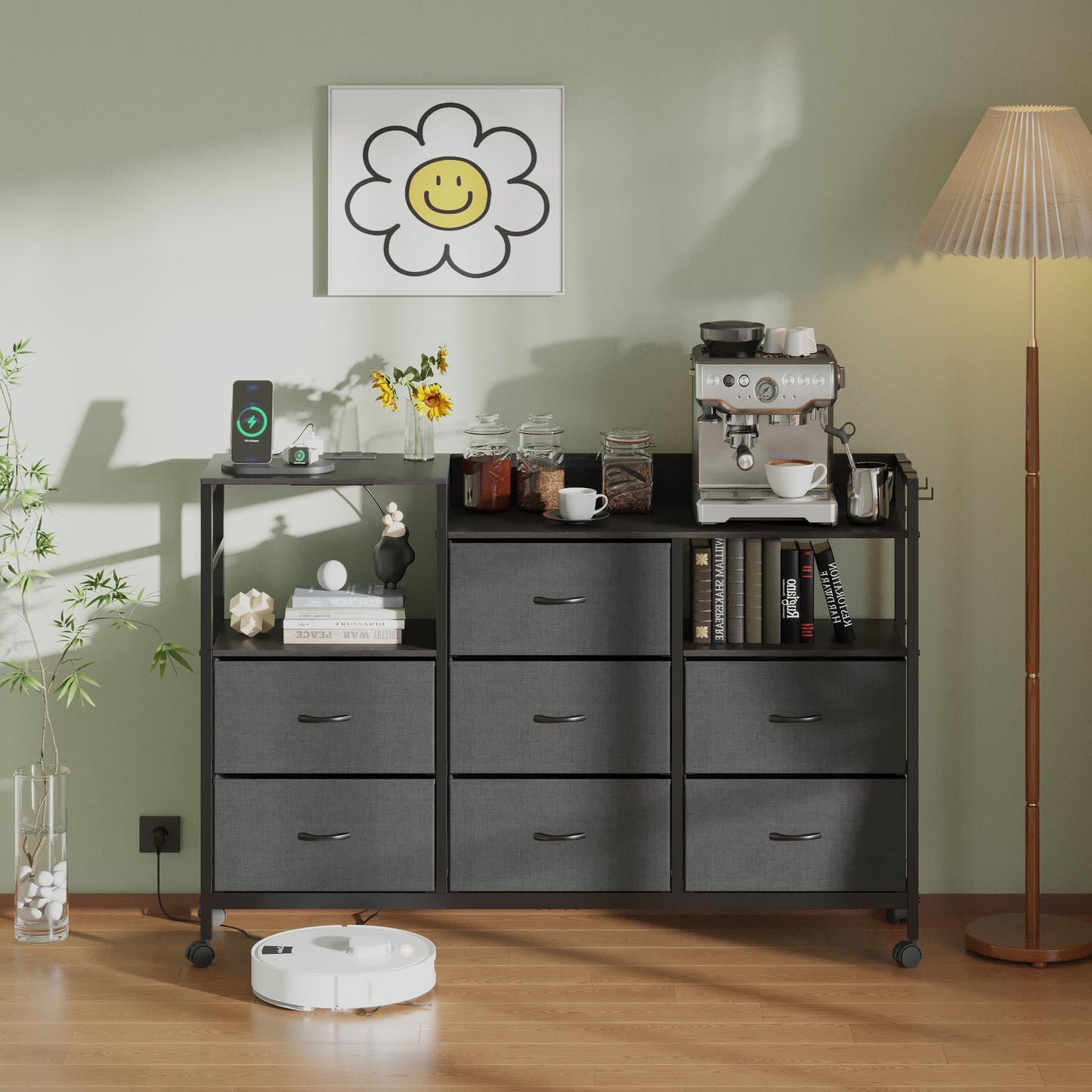 Lutown-Teen Chest of Drawers with Charging Station on Wheels, Black