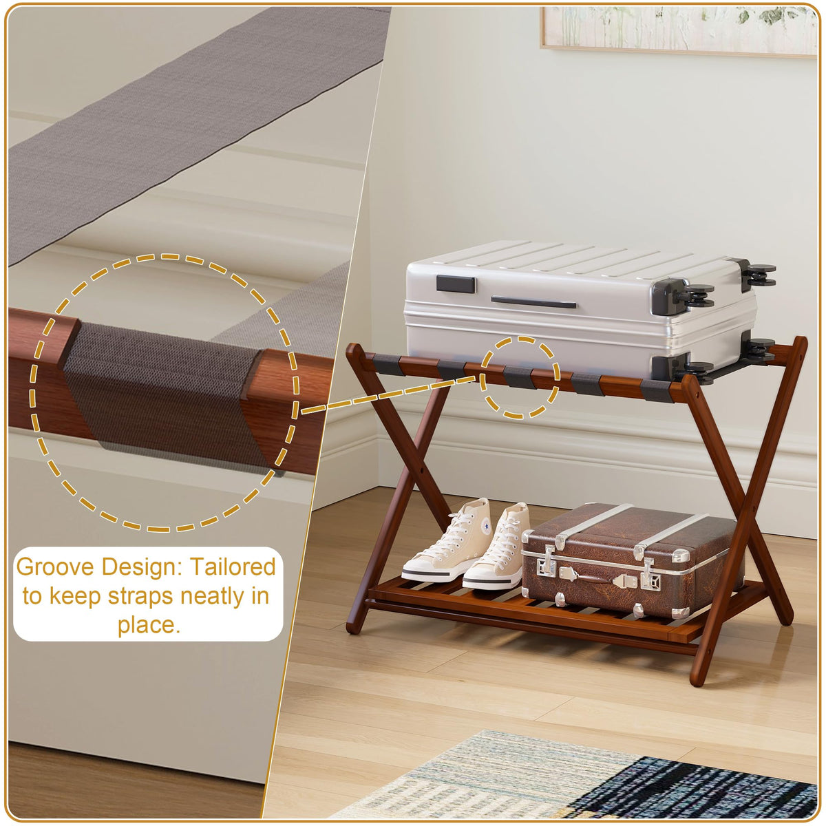 BAMBOOHOMIE Full Assembled Luggage Rack, Bamboo Luggage Holder Rack for Guest Room