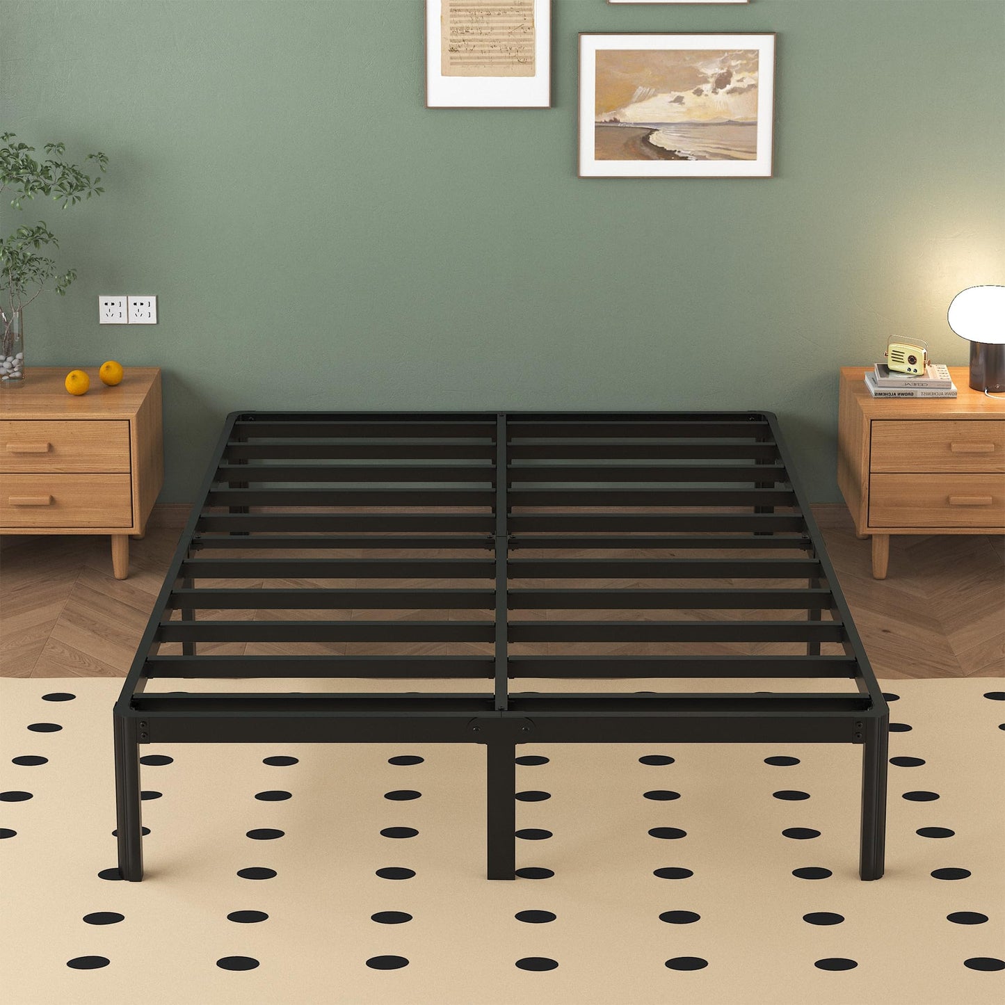 Lutown-Teen Metal Bed 160 x 200 cm with Round Legs, 36 cm Height Bed Frame Double Bed with Metal Slatted Frame, Black