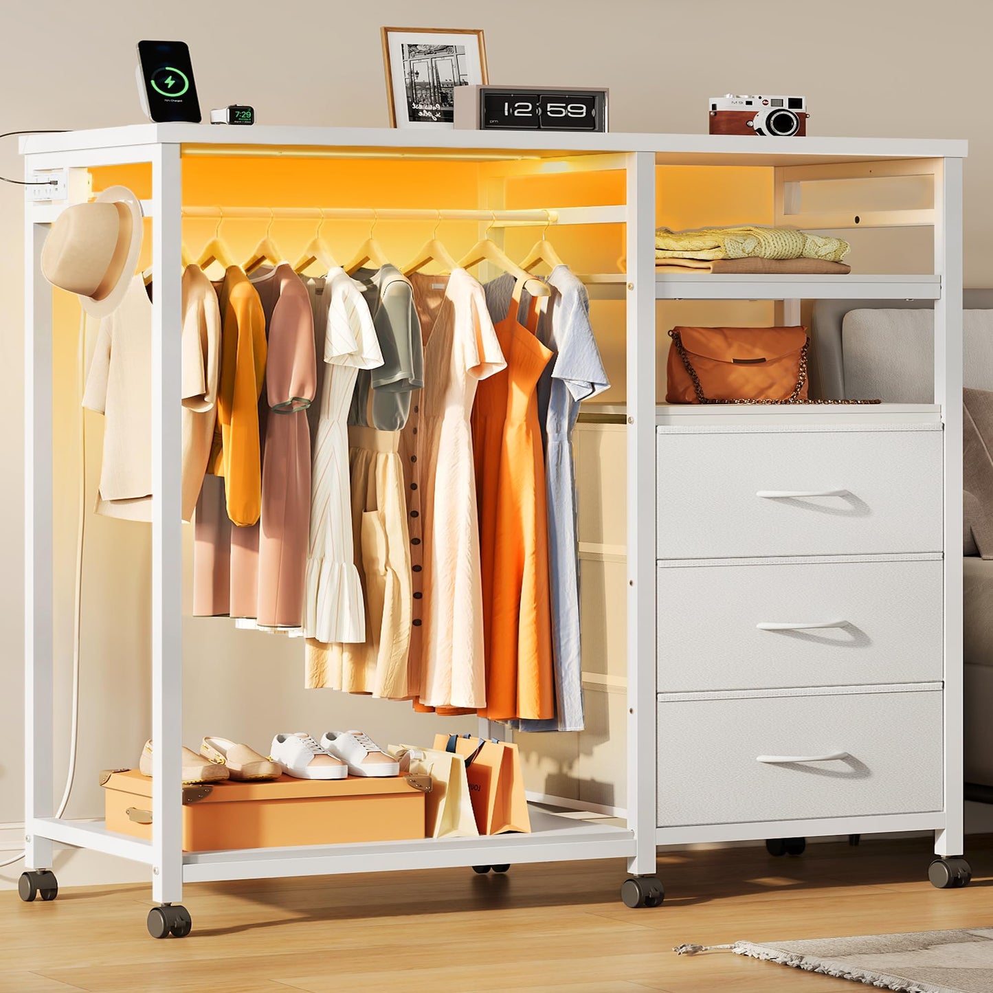 WLIVE White Chest of Drawers with LED & Charger, Fabric Open Wardrobe
