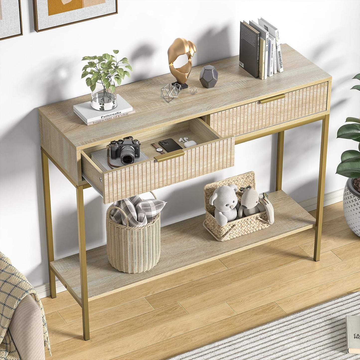 Skokliz Console Table with Storage, Wood Entryway Table with 2 Drawers, Narrow Long Sofa Table Hallway Foyer Table with Storage Shelves Behind Couch