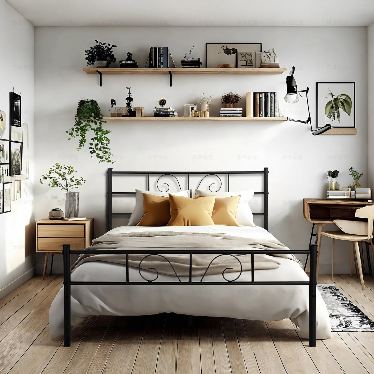 FurnitureR 4ft6 Double Bed, Metal Platform Bed Frame Solid Bedstead Base with Crochet-design Headboard and Footboard, Underbed Storage Space, Slatted