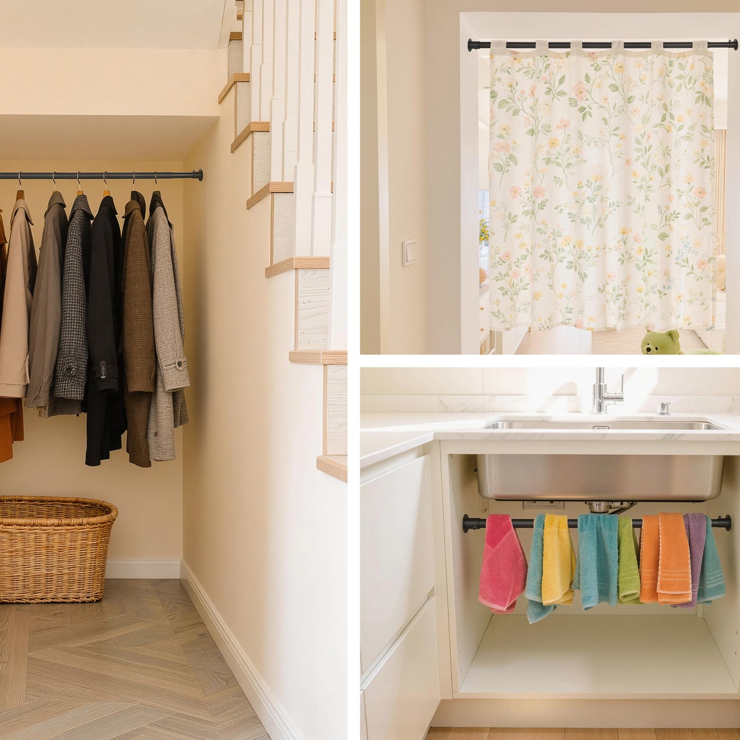 KINGSOW Extendable Wradrobe Rail 64.5-130cm: Black Clothes Hanging Rail
