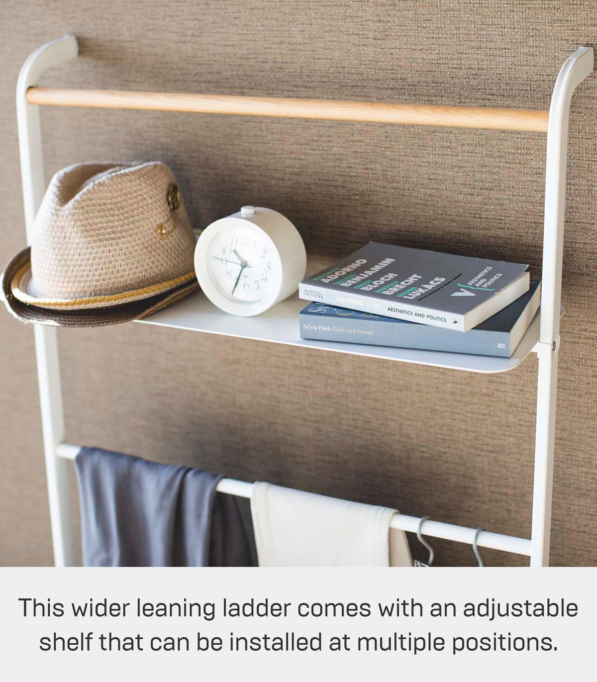 Yamazaki 3871 TOWER Ladder Hanger with Shelf, White, Steel/Wood, Minimalist Design, 66 x 30～38 x 160 cm LxWxH