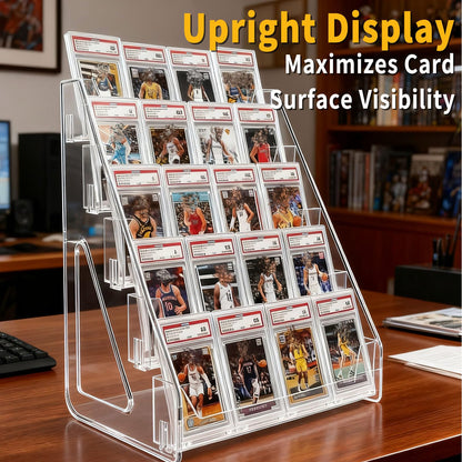 Oncpcare 2 Pack 3-Tier Clear Card Display Stands – Vertical Riser Shelf Rack for Trading Sports Postcards and Collectible Card Holders