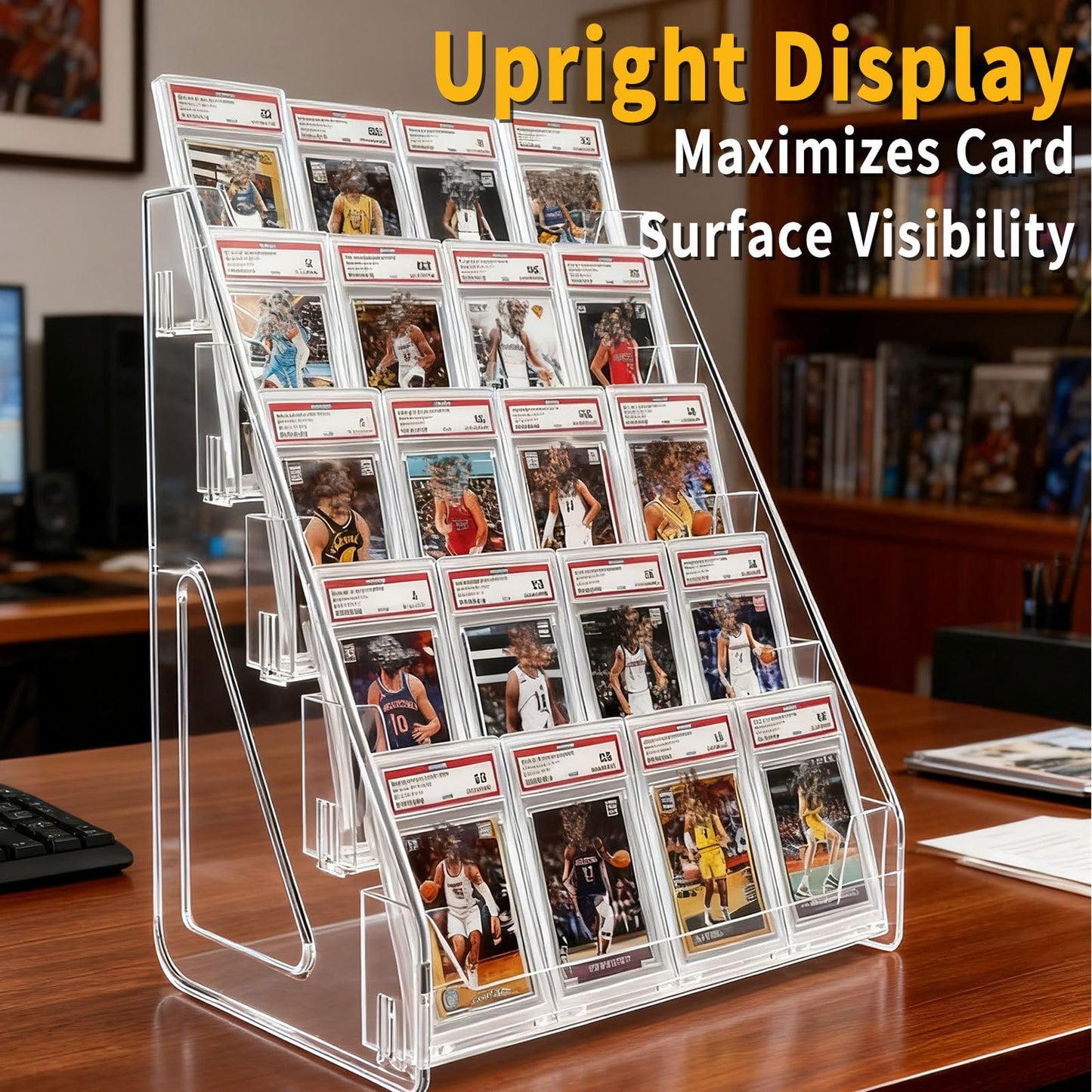 Oncpcare 3-Tier Transparent Trading Card Display Stand – Vertical PET Rack for Toploaders, Magnetic Holders, Collectible and Standard Card Slabs
