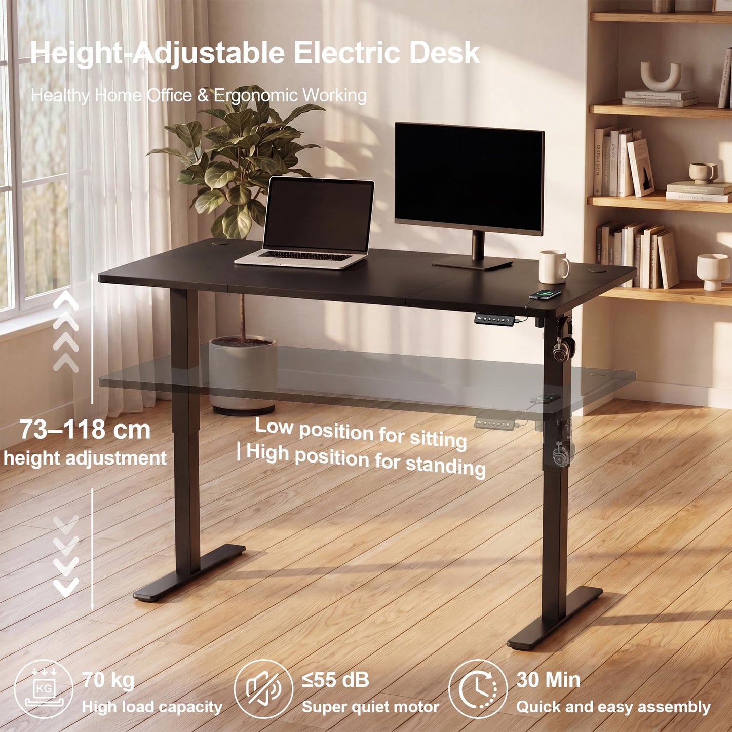 JUMMICO Electric Standing Desk 100x60cm – Height Adjustable with USB Charging, Sedentary Reminder, Memory Heights for Home Office Use, Black