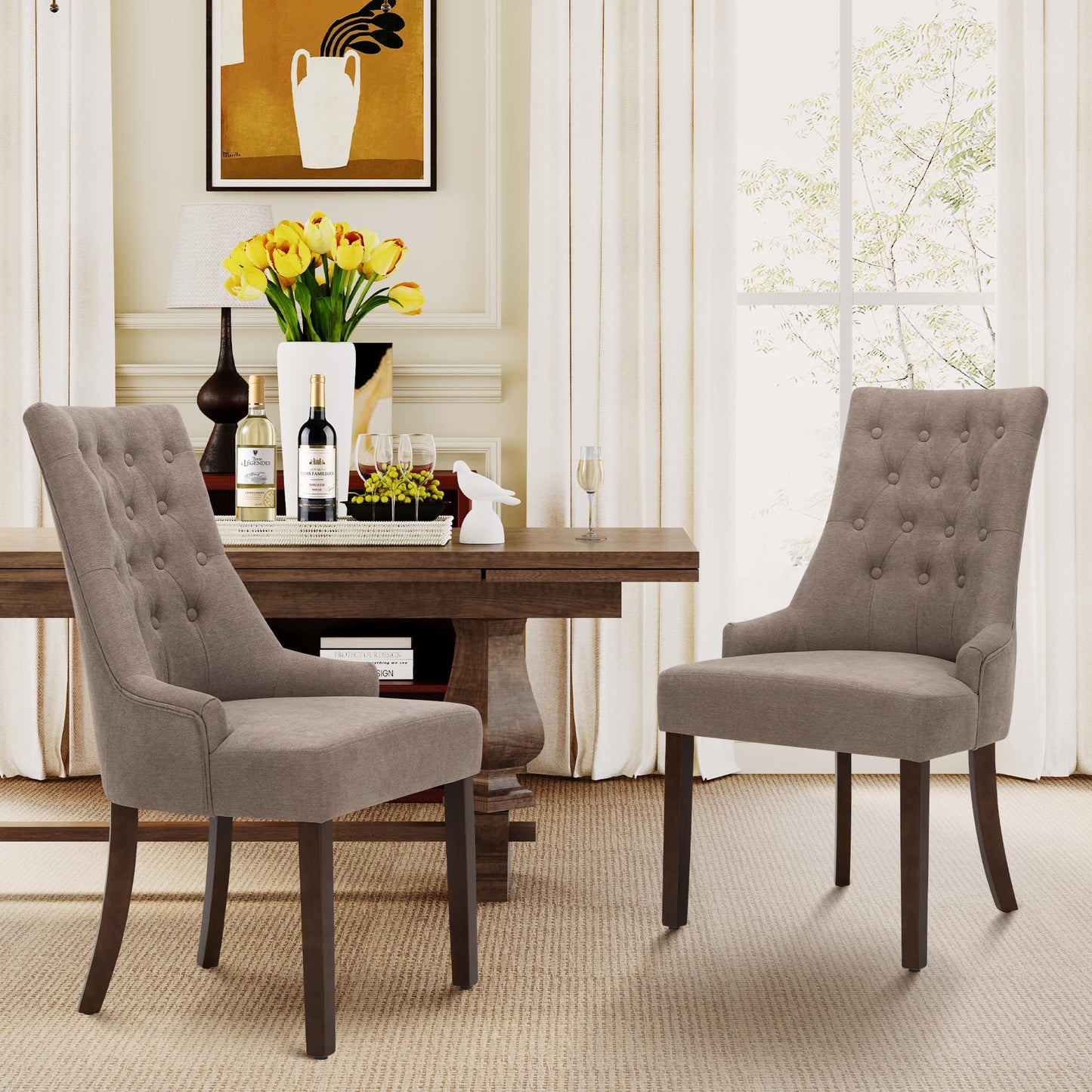 MALOL Upholstered Dining Chairs Set of 2, Wingback Dining Room Chairs with Tufted Button, High Back Kitchen Chairs with Solid Wood Legs