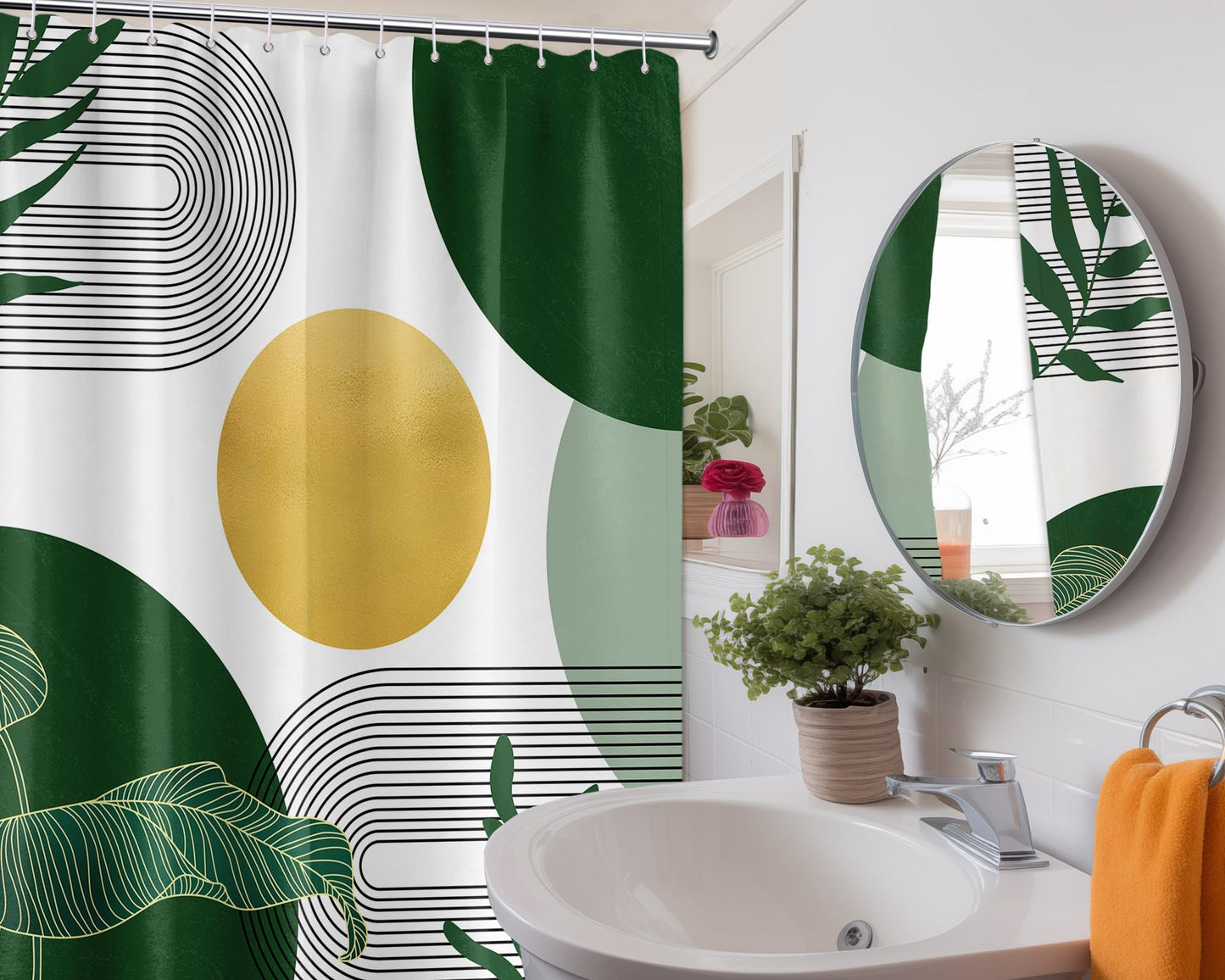 LanZanthic Dark Green and White Shower Curtains for Bathroom Olive Gold Emerald Mid Century Boho Wet Room Shower Curtain with hooks