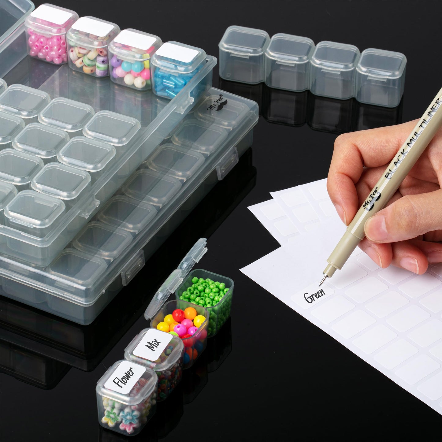 Mr. Pen-Bead Storage Containers, 28 Grids, 2 Pack, Grey, 160pcs Label Stickers, Bead Organizer, Craft Organizers and Storage