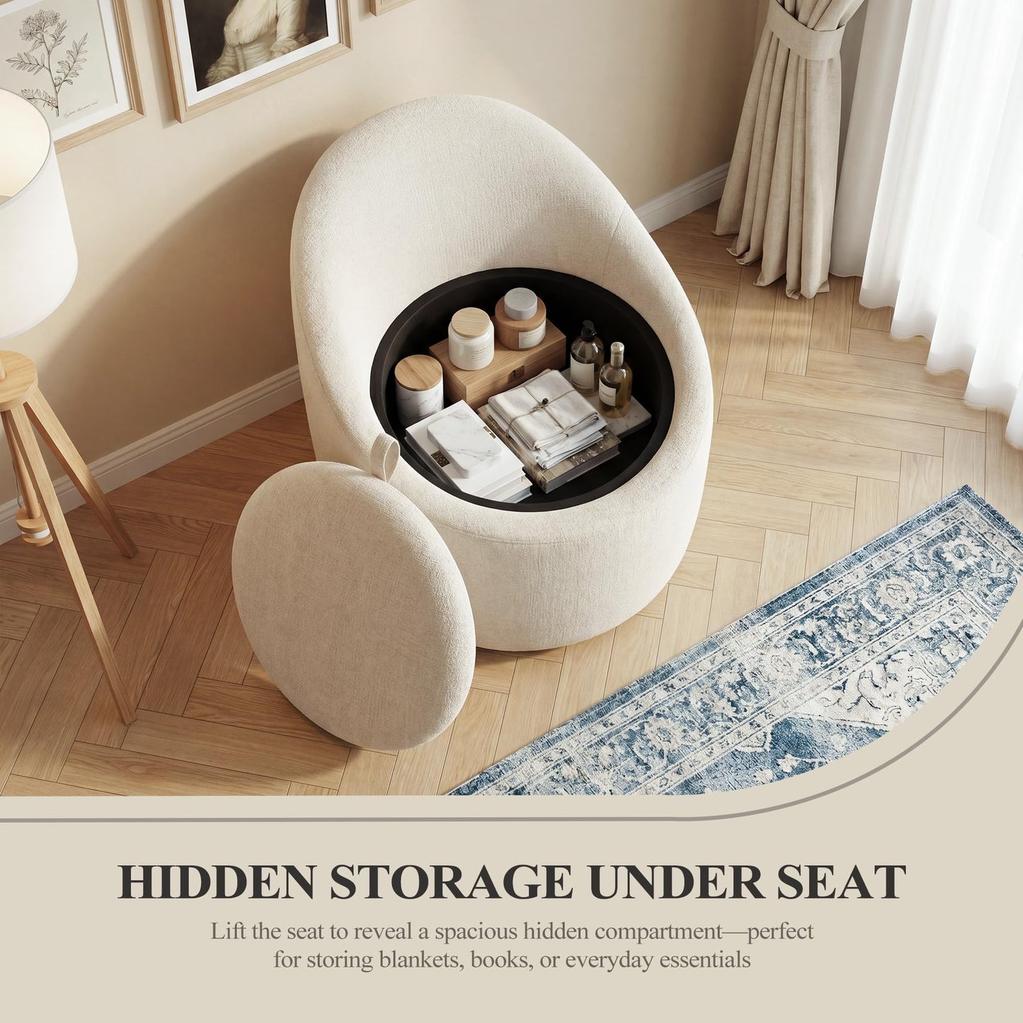 Barrel Swivel Accent Chair with Hidden Storage, 360° Rotating Lounge Chair, Upholstered Breathable Fabric, High Density Foam Seat