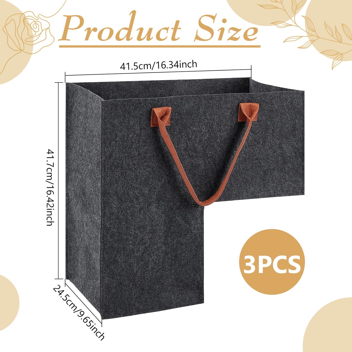 INTERWARM 3Pcs Foldable Stair Basket, Felt Stair Step Storage Bag with Leather Handle