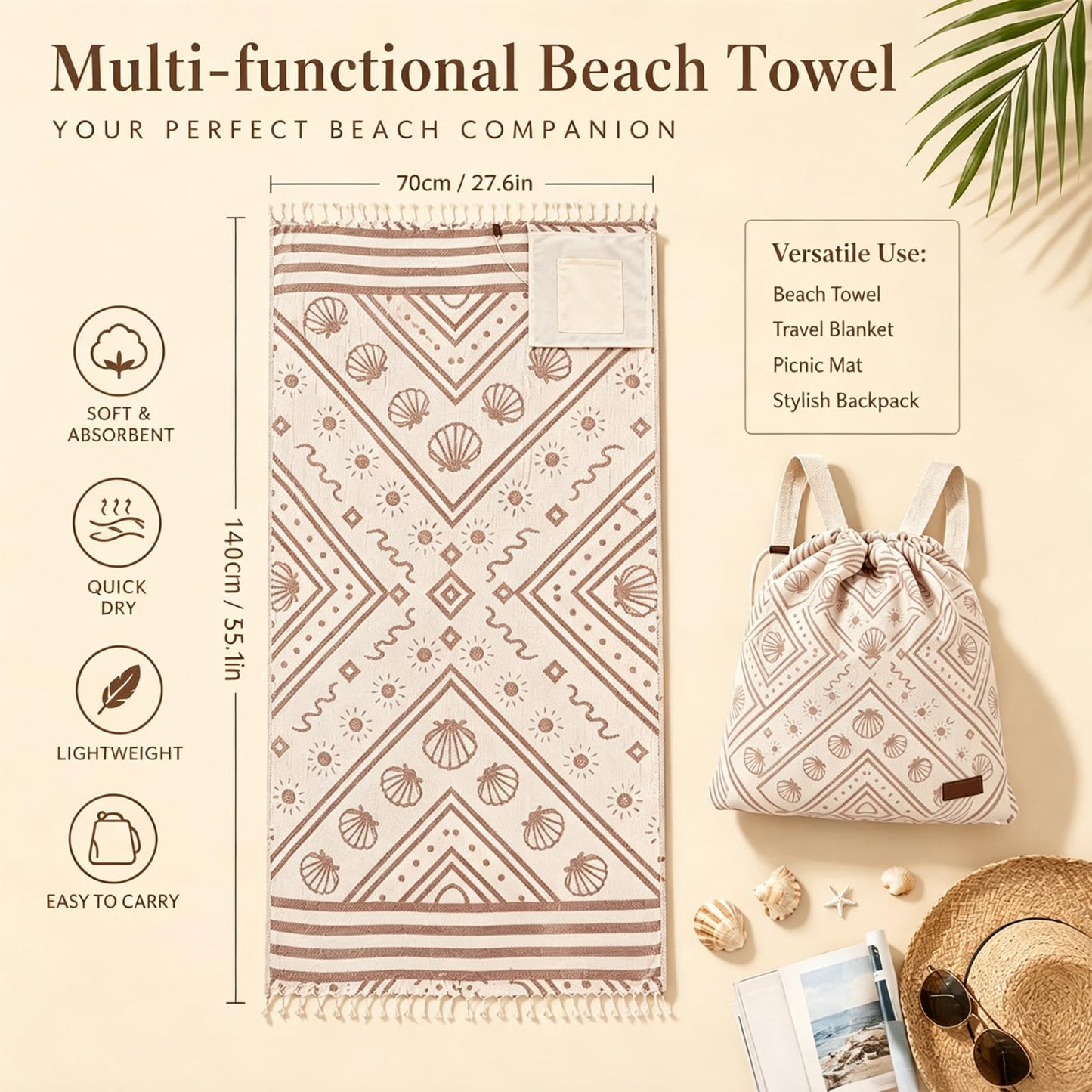 Ruichi 2 in 1 Beach Towel Bag, Convertible Drawstring Beach Towel Backpack