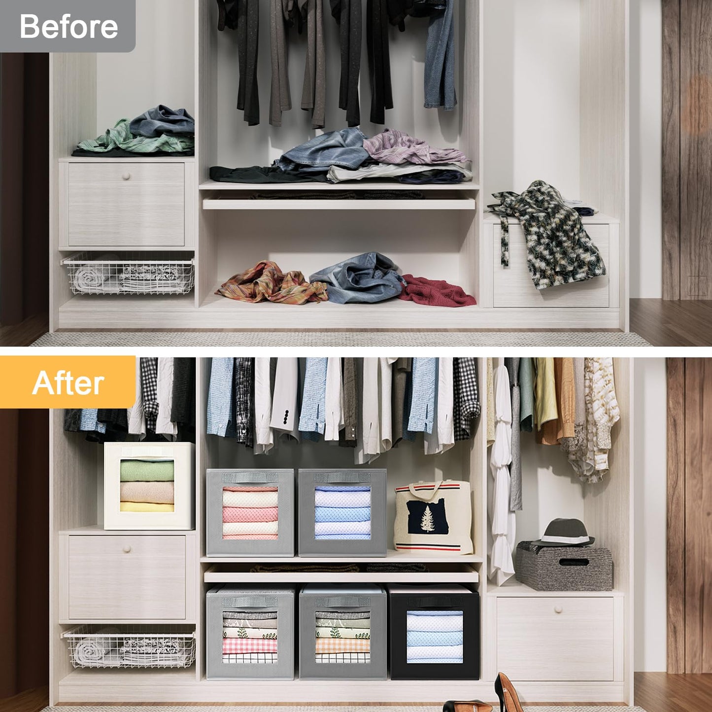 Foldable Wardrobe Storage Boxes, 3 Pack Fabric Shelf Clothes Organiser Grey