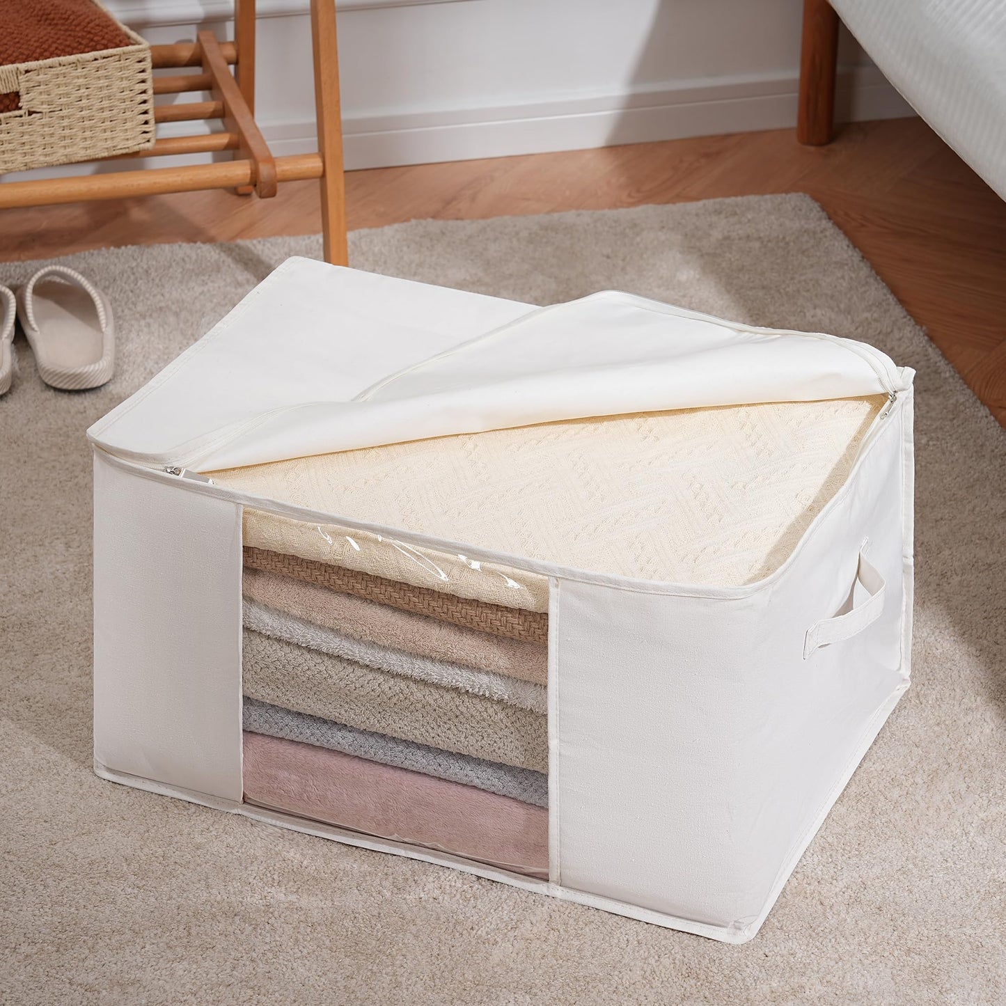 TYEERS Large Storage Bags with Zip and Clear Window, Cotton Blended Fabric Storage Containers for Seasonal Clothes and Bedding, 60x40x35 cm, 4-Pack