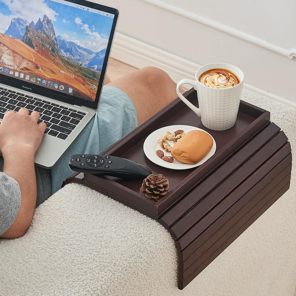 LOVYANXUE Bamboo Sofa Arm Tray, Anti Falling Couch Arm Tray Table, Foldable Couch Armrest Table, Portable Sofa Armrest Trays Cup Holder for Drink